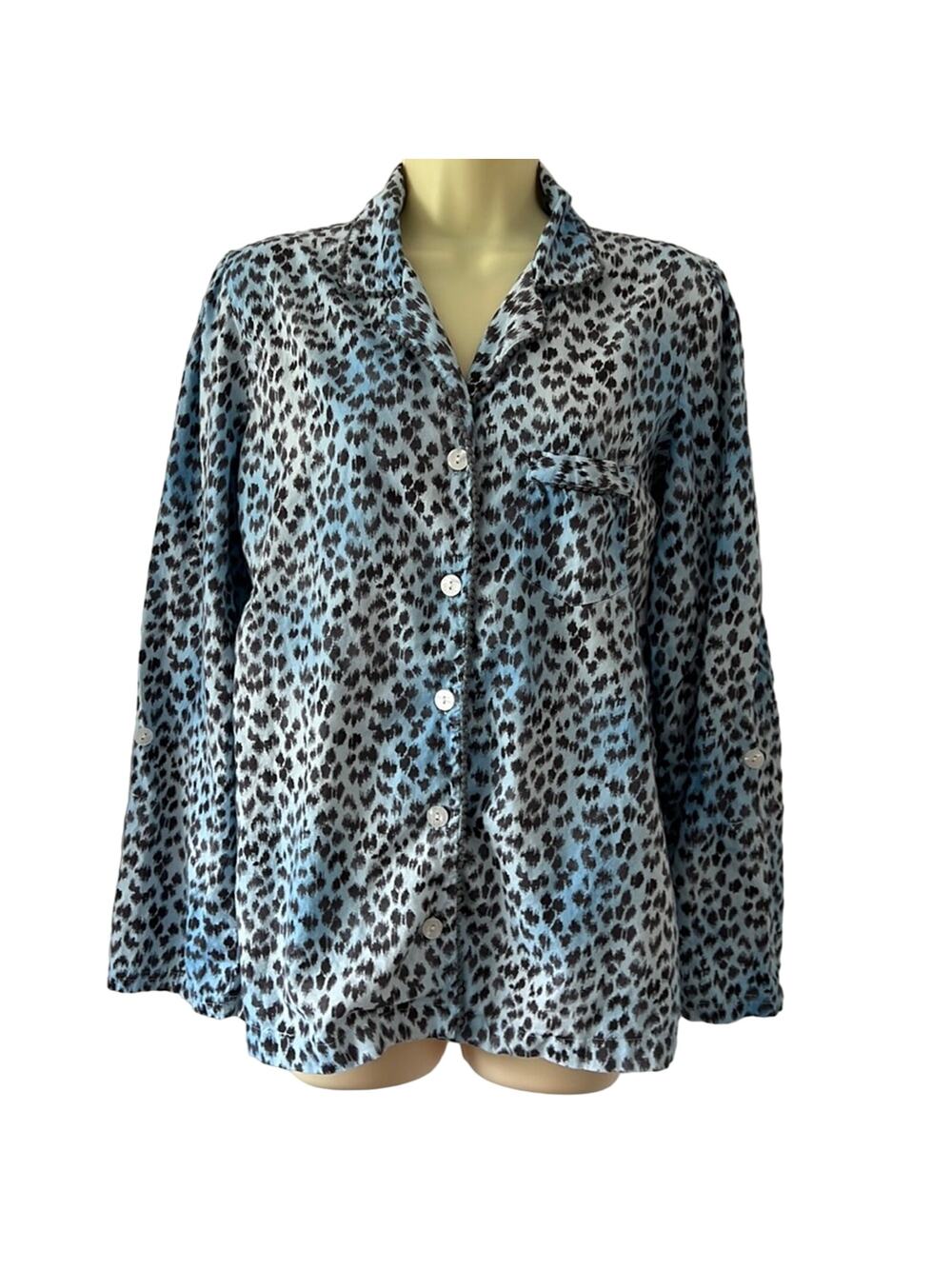 Victoria’s Secret Pajama Top Size M Animal Print Blue Gray Cotton Button Front